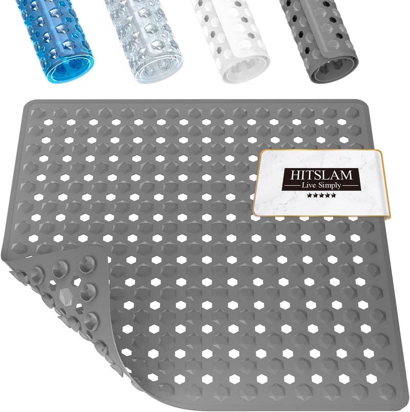 HITSLAM Shower Mat Anti Slip, Square Bath Mat for Tub Non Slip with Suction Cups and Drain Holes, 21x21 Inch Bathroom Shower Stall Floor Mat, Machine Washable, Soft on Feet, Grey - Image 1